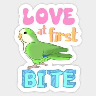 Love at first bite Green Quaker Funny Birb merch Parrot Kawaii Sticker